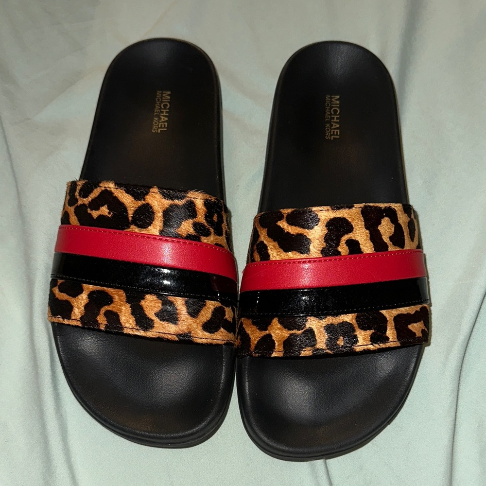 Michael Kors Leopard and Red Slide Sandals